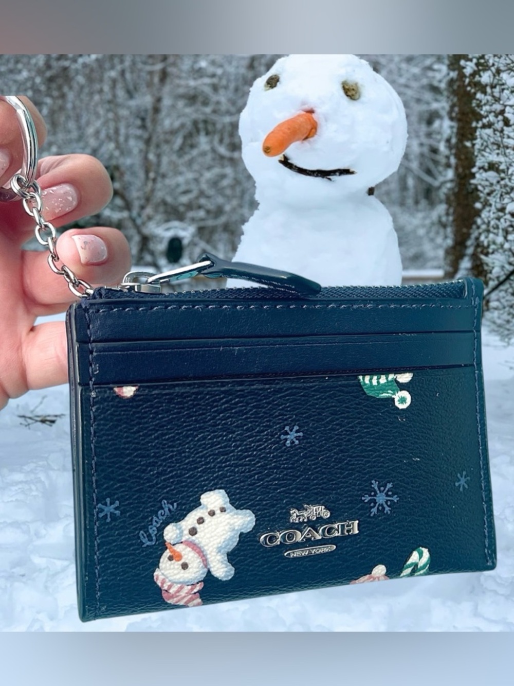 Coach “Like New” Snowman Zip-top Card Holder W/dangling Keychain Dark Navy